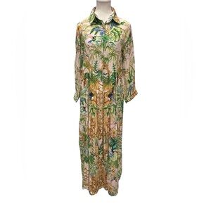 jayshree dalal Tropical Silk Blend Long Shirt Dress Sz:L